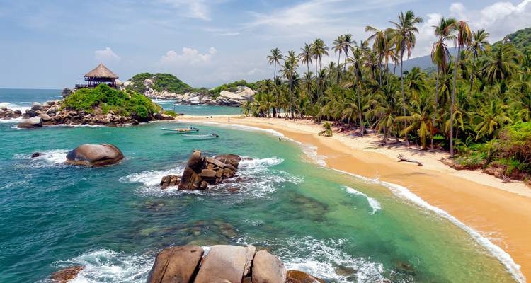 Idyllisch tropisch strand in Tayrona Nationaal Park met goudkleurig zand, turquoise water, granieten rotsblokken en een rij palmbomen.