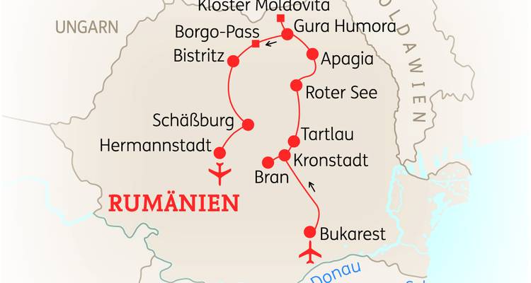 Carte de la Roumanie avec itinéraires et villes marqués.