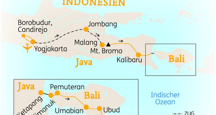Map showing the islands of Java and Bali in Indonesia with travel routes.