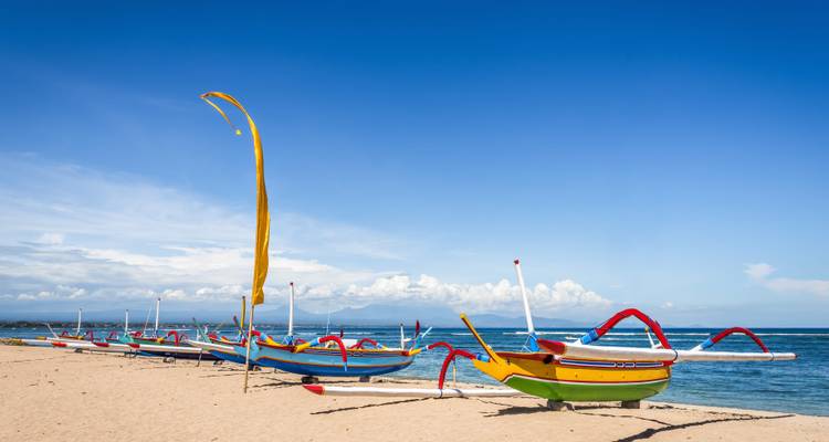 Traditional colorful boats lined on a beach with a clear sky and ocean.