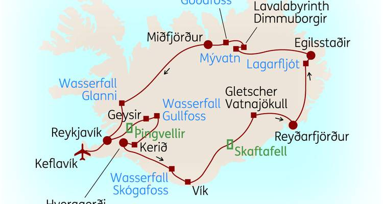 Carte de l'Islande avec itinéraire et points d'intérêt mis en évidence.