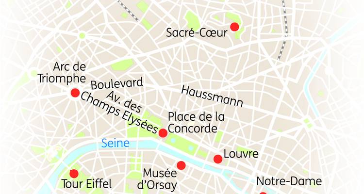 Carte de Paris, France mettant en évidence les principaux monuments.