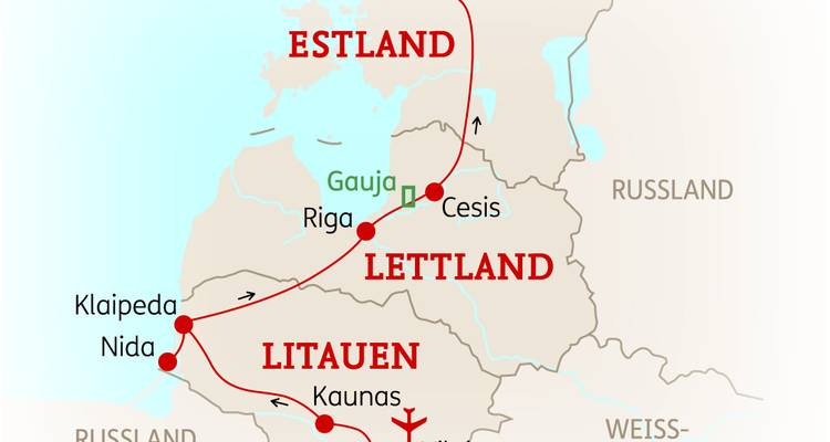 Mapa de los Estados Bálticos, destacando ciudades y parques naturales.