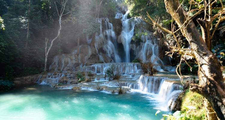 Mehrstufiger Kuang Si Wasserfall, der in ein türkisfarbenes Becken stürzt, umgeben von dichtem Dschungel.