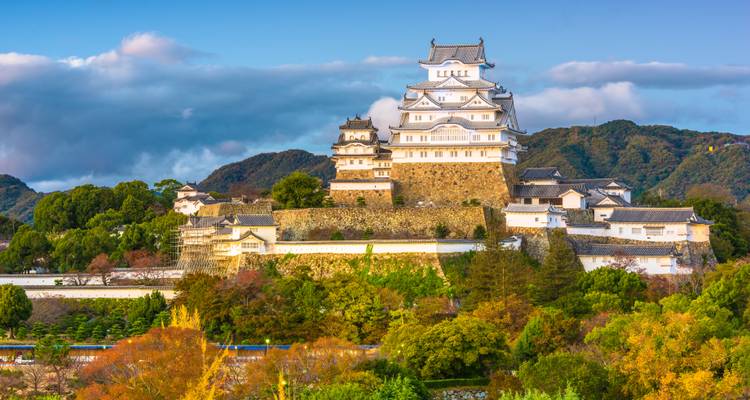 El Castillo de Himeji iluminado por el sol se alza sobre el colorido follaje otoñal contra un cielo dramático