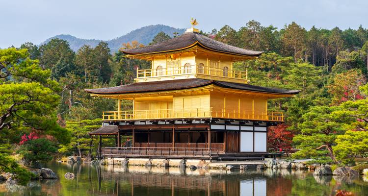 El Pabellón Dorado (Kinkaku-ji) resplandece junto a su estanque cristalino en medio de exuberantes jardines.