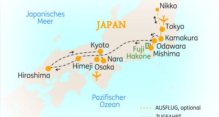 Carte d'itinéraire de voyage au Japon avec un trajet en pointillés de Tokyo à Hiroshima