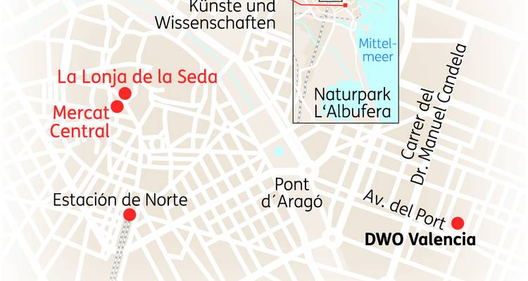 Carte de la ville de Valence avec les lieux remarquables mis en évidence.