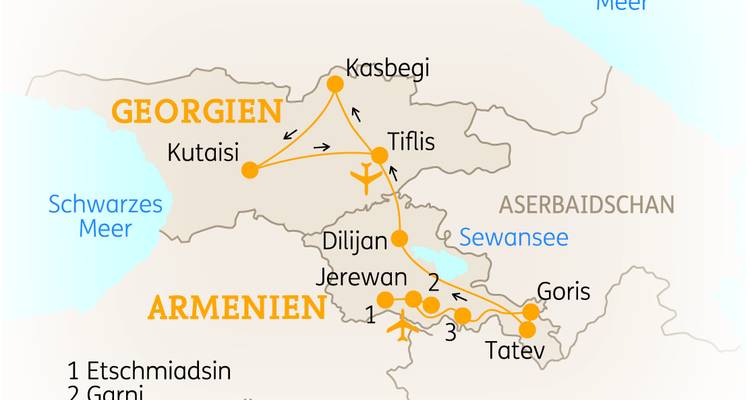 Map showing the travel routes and key sites in Georgia and Armenia.