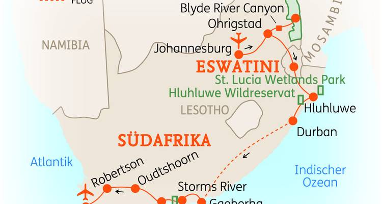 Routenkarte von Südafrika und Eswatini mit Hervorhebung von Hluhluwe, Durban und Johannesburg.