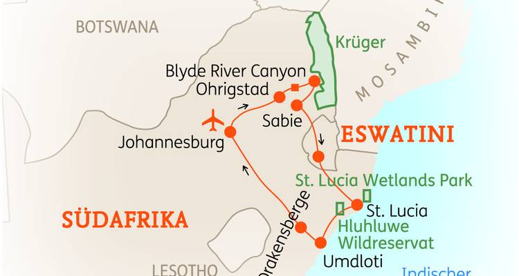 Karte mit Reiserouten in Südafrika, mit Fokus auf Johannesburg und Kruger.