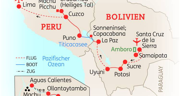 Karte mit Reiserouten in Peru und Bolivien.