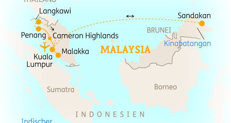 Simplified itinerary map of Malaysia highlighting Kuala Lumpur, Penang, Langkawi and Borneo