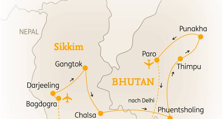 Vereinfachte Reisekarte mit Routen durch Bhutan und Sikkim mit wichtigen Städten und Grenzen.