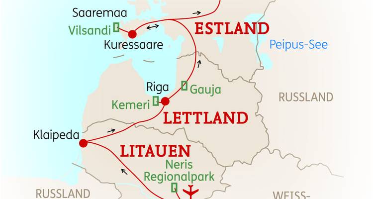Kaart van de Baltische staten met routes en locaties.