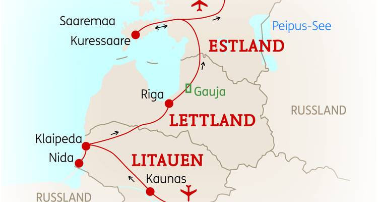Carte montrant les itinéraires à travers la région baltique, incluant l'Estonie et la Lituanie.