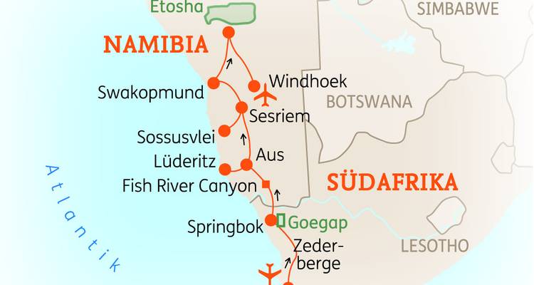 Map highlighting South Africa and Namibia travel itinerary.