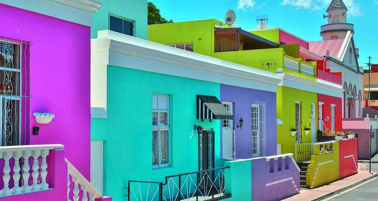 Colorful buildings along a street.