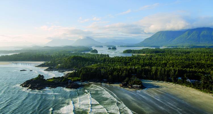 Vista aérea de la accidentada costa de Tofino con islotes, rompientes de surf y penínsulas boscosas.