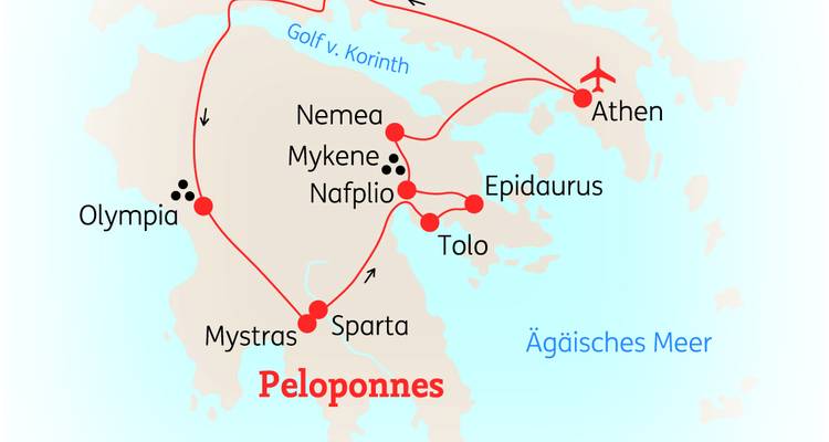 Carte de la péninsule du Péloponnèse en Grèce avec itinéraire de voyage.