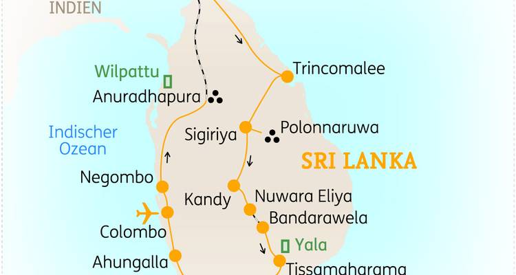 Mapa del tour de Sri Lanka mostrando Colombo, Sigiriya y las tierras altas centrales