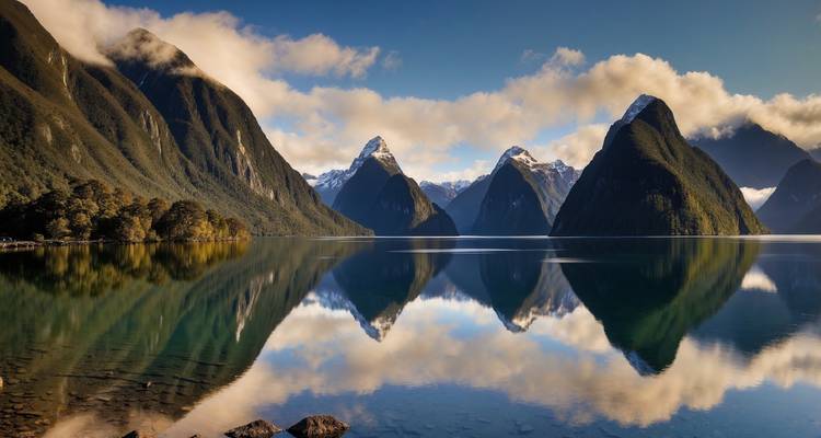 Spiegelung von Bergen in einem See mit Wolken.
