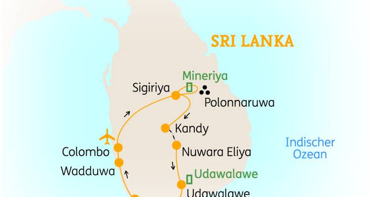 Karte von Sri Lanka mit markierten Standorten.
