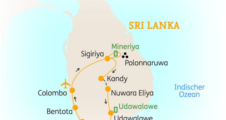 Karte von Sri Lanka mit markierten Orten.
