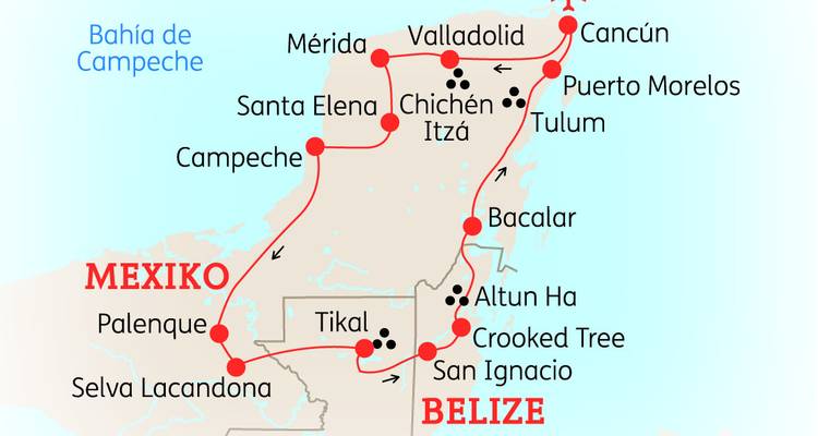 Detaillierte Routenkarte, die eine Rundreise durch Mexiko, Belize und Guatemala mit Stadthaltestellen und Linien zeigt