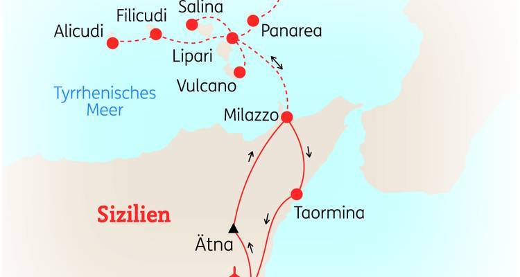 Map showing a travel route around Sicily with various locations marked.