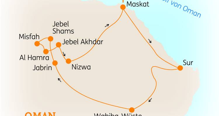 Karte mit Reisezielen im Oman und Verbindungswegen zwischen den Städten.