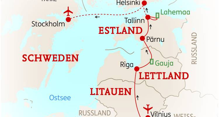 Carte incluant les villes scandinaves et baltes avec les itinéraires mis en évidence.