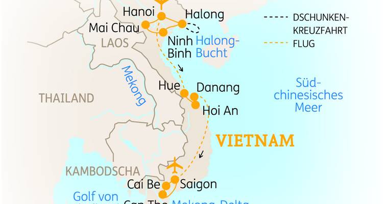 Kaart die de belangrijkste steden en reisroutes door Vietnam weergeeft.