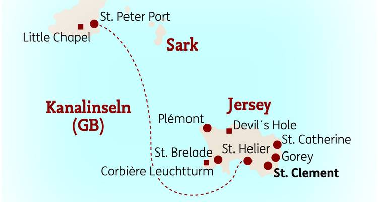 Carte des îles Anglo-Normandes avec les attractions marquées.