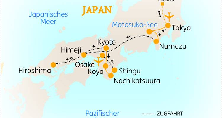 Mapa de ruta simplificado de Japón que muestra ciudades destacadas y la ruta de viaje.