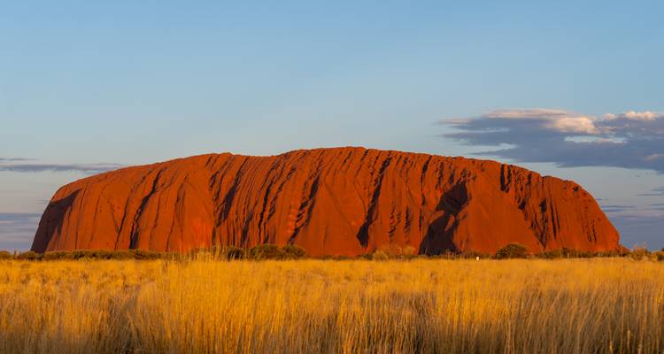 Formación rocosa de Uluru durante la puesta de sol con primer plano herboso.