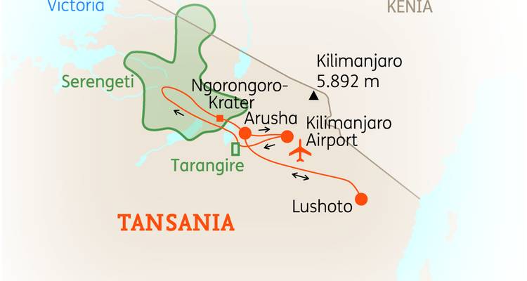 Karte von Tansania mit den wichtigsten Parks und Städten entlang einer Reiseroute.