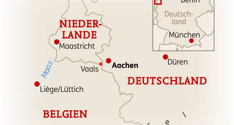 Vereenvoudigde regionale kaart met Maastricht, Aken en Luik in het licht gesteld met landsgrenzen.