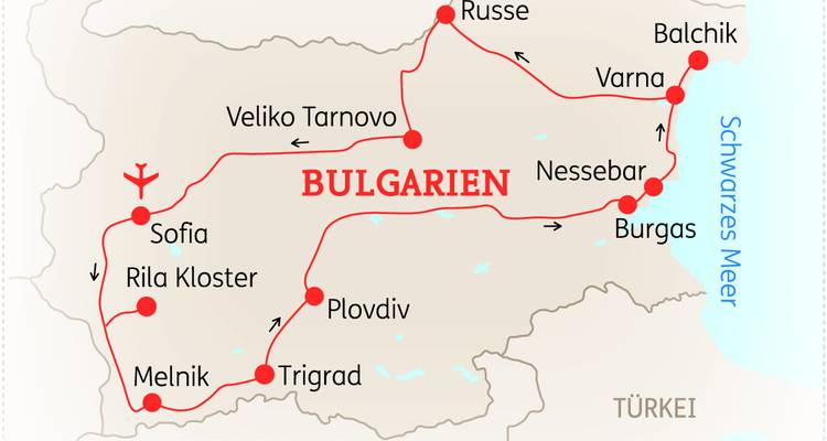 Karte von Bulgarien mit Städten und Routen.