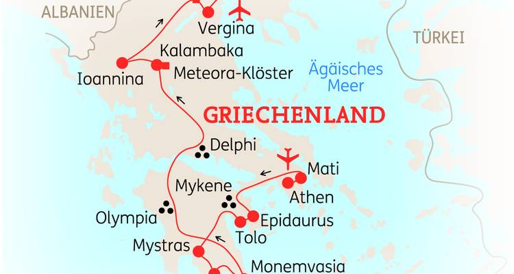 Karte von Griechenland mit Routen und Sehenswürdigkeitspositionen.