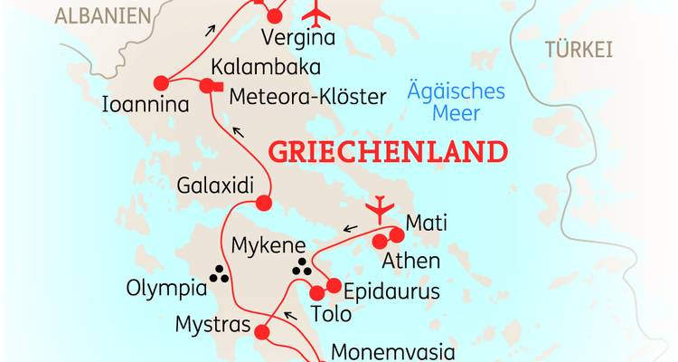 Karte von Griechenland mit eingezeichneter Reiseroute und Städten.