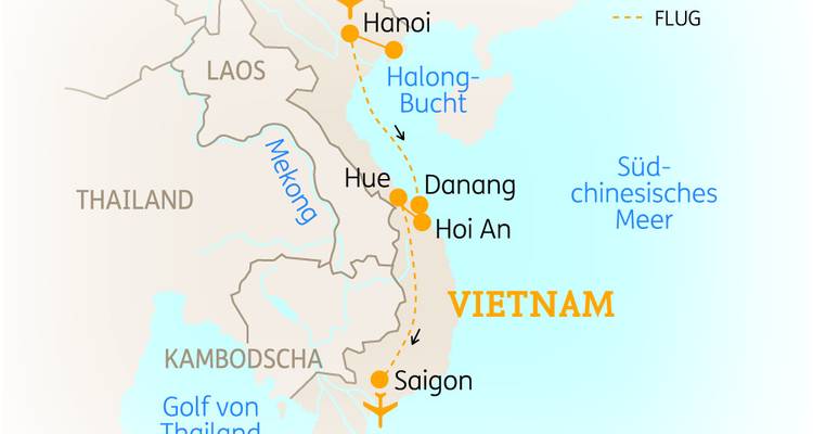 Karte von Vietnam mit wichtigen Orten und Reiserouten im Land.