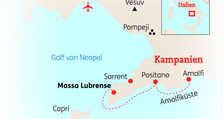Carte montrant la côte amalfitaine et les lieux environnants.