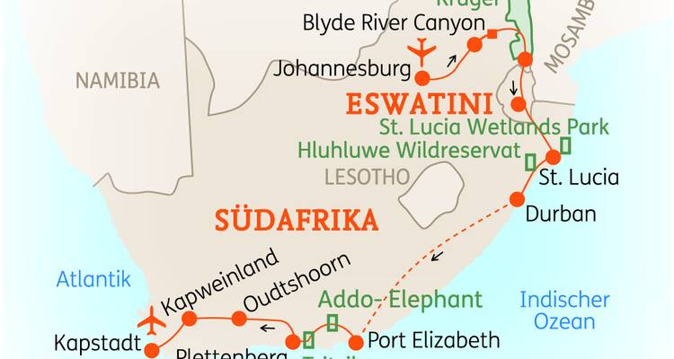Kaart van Zuid-Afrika met een reisroute tussen steden gemarkeerd.