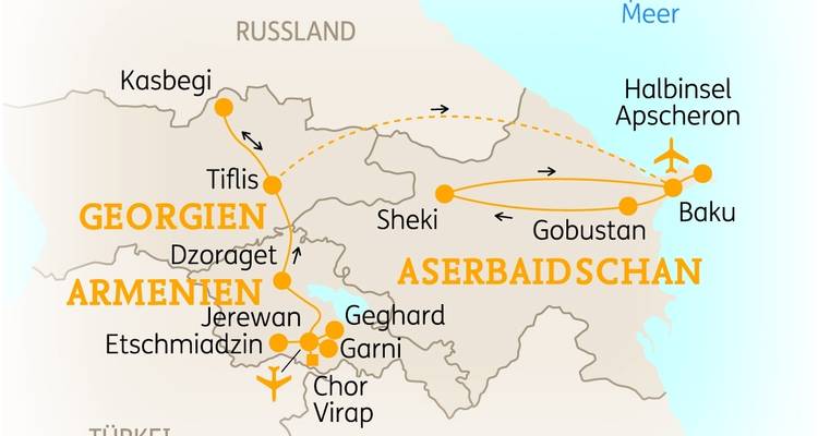 Karte mit Reiserouten durch Armenien, Georgien und Aserbaidschan.