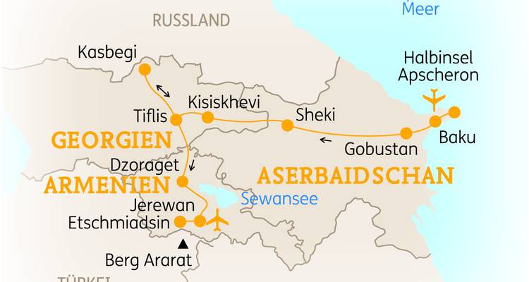 Karte mit Standorten und Routen durch Georgien, Armenien und Aserbaidschan.