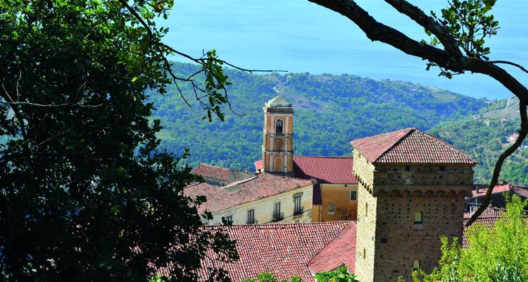 Rooftop view of a historic town with a clock tower and coastal landscape.