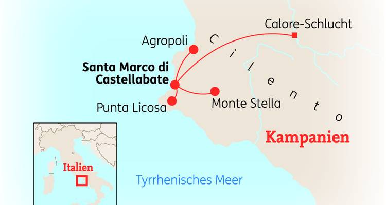 Map showing travel route around Naples, Italy, and surrounding regions.