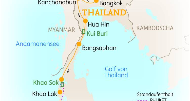 Kaart met reisroutes door Thailand, met nadruk op belangrijke steden.