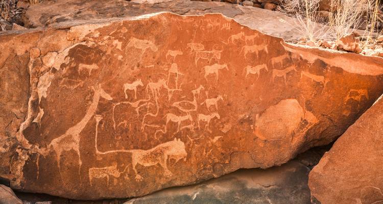 Uralte Steinplatte mit eingeritzten Tierpetroglyph­en in der namibischen Wüste.